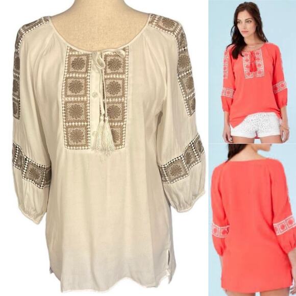 Hale Bob Bala Paneled Tunic Top Cream Tan Small Size 6 - Picture 1 of 10